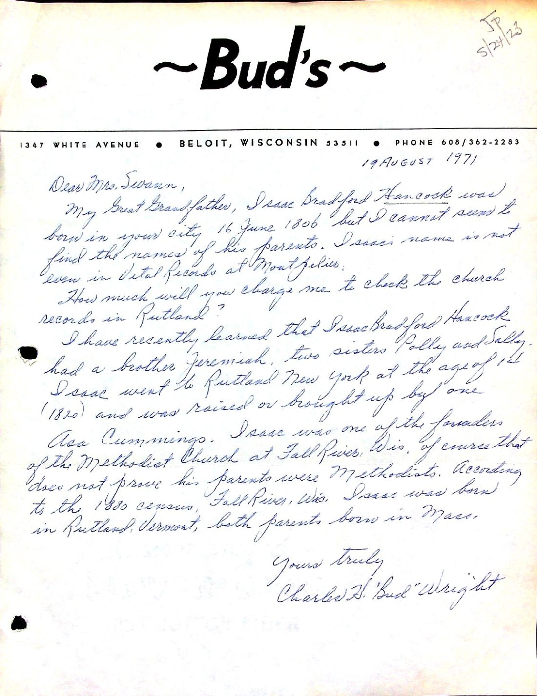 HANCOCK, Isaac Bradford (n.d.) -query